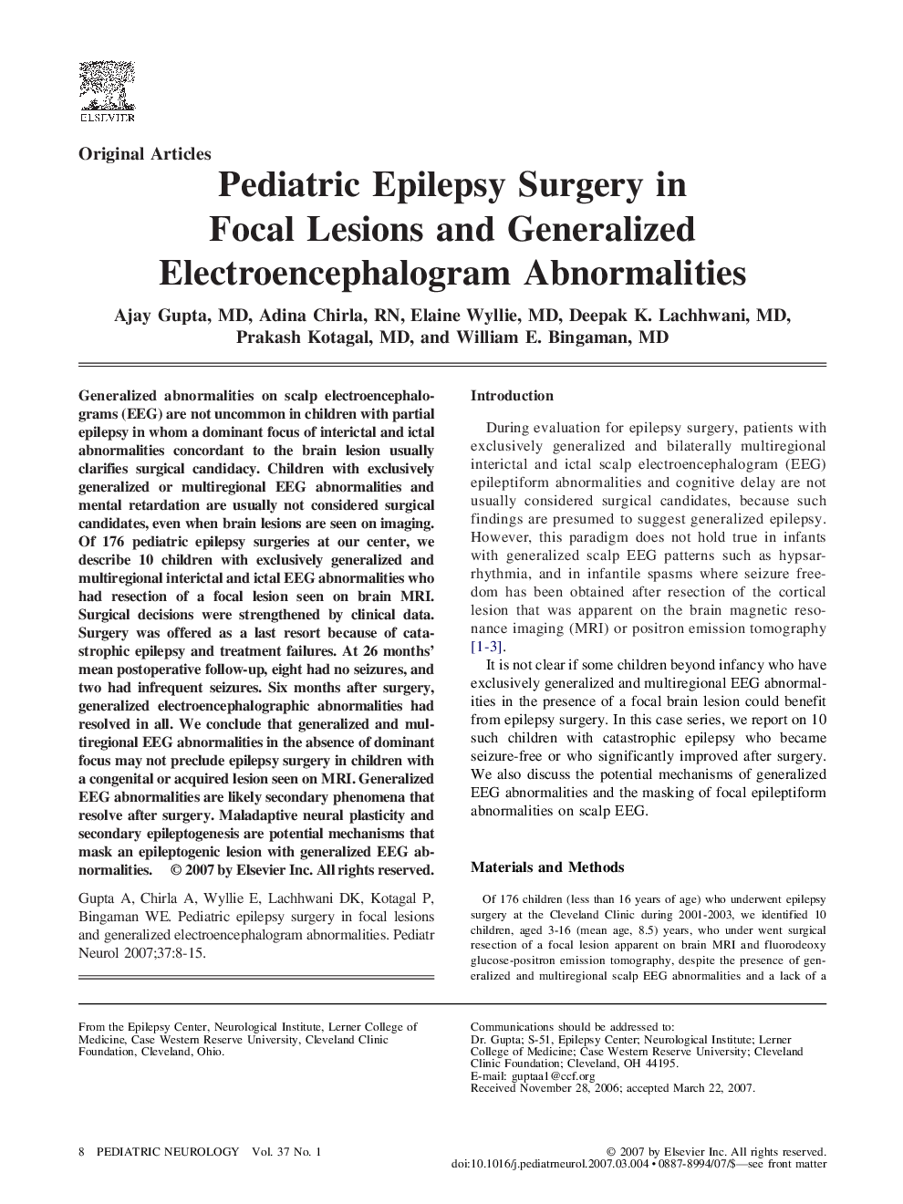 عکس صفحه اول مقاله: Pediatric Epilepsy Surgery in Focal Lesions and Generalized Electroencephalogram Abnormalities Pediatric Epilepsy Surgery in Focal Lesions and Generalized Electroencephalogram Abnormalities
