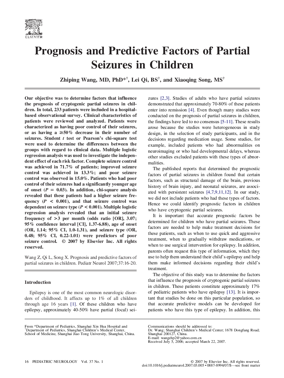 Prognosis and Predictive Factors of Partial Seizures in Children