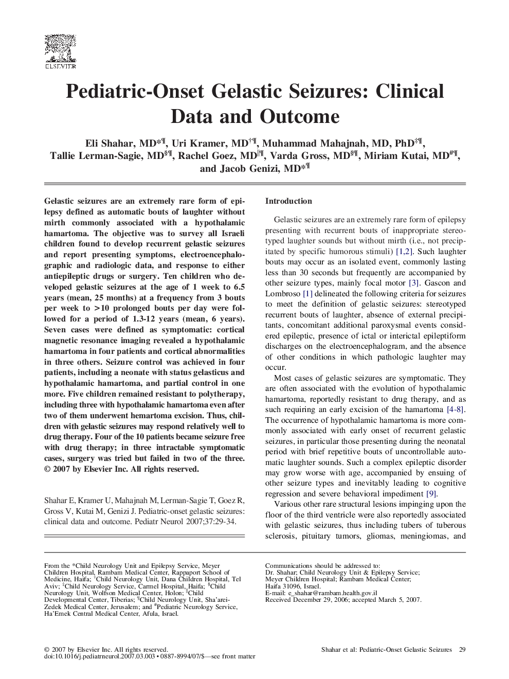 Pediatric-Onset Gelastic Seizures: Clinical Data and Outcome