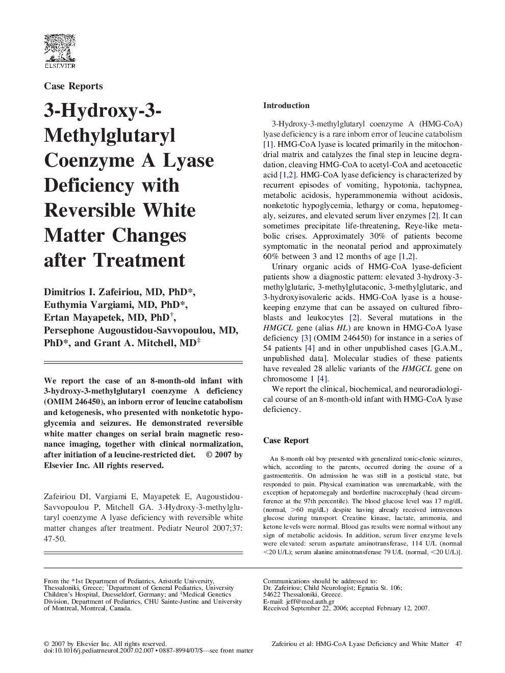 3-Hydroxy-3-Methylglutaryl Coenzyme A Lyase Deficiency with Reversible White Matter Changes after Treatment