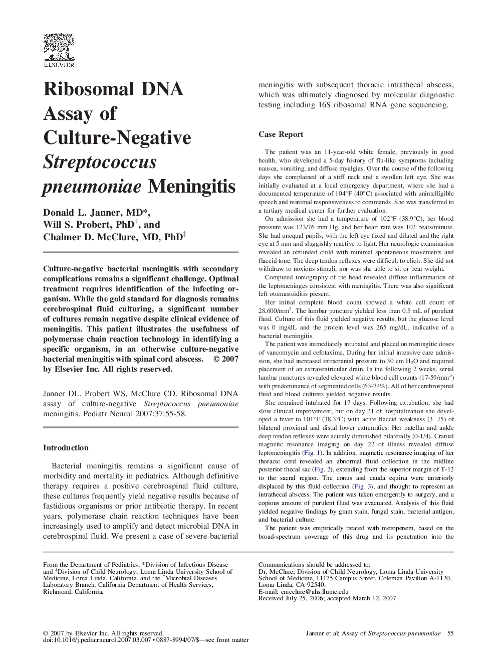 Ribosomal DNA Assay of Culture-Negative Streptococcus pneumoniae Meningitis