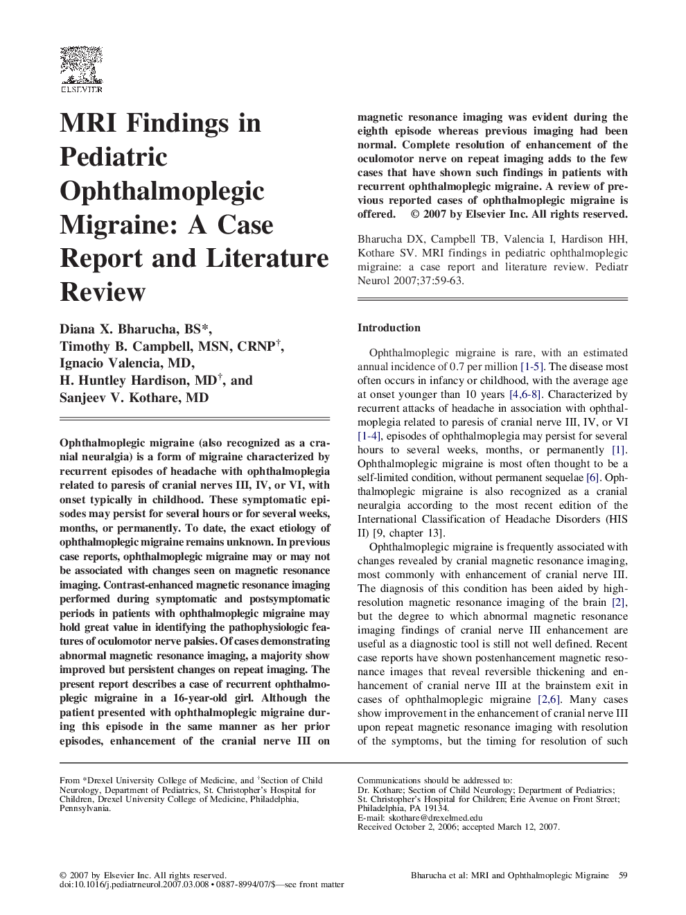 MRI Findings in Pediatric Ophthalmoplegic Migraine: A Case Report and Literature Review
