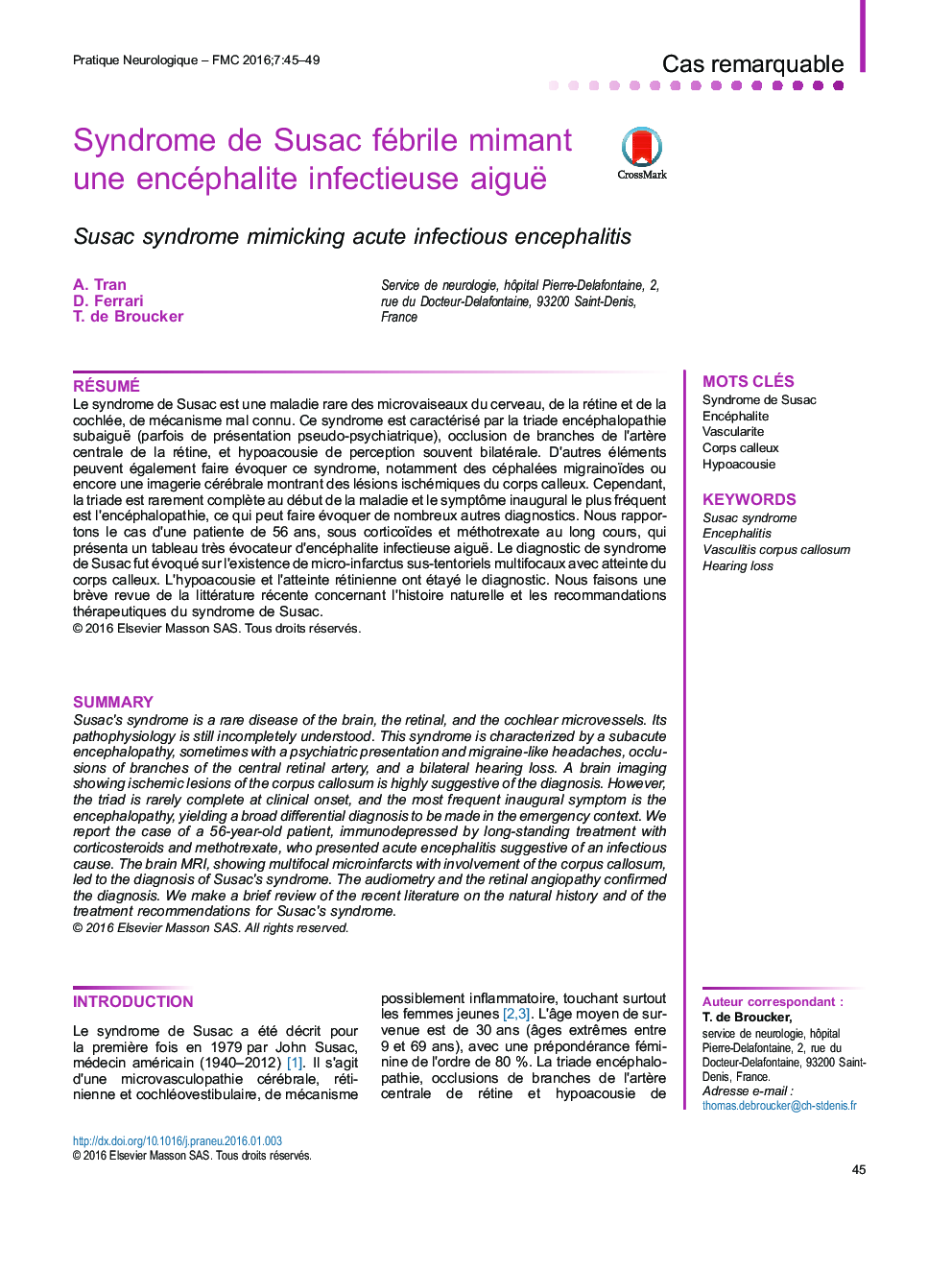 Syndrome de Susac fébrile mimant une encéphalite infectieuse aiguë