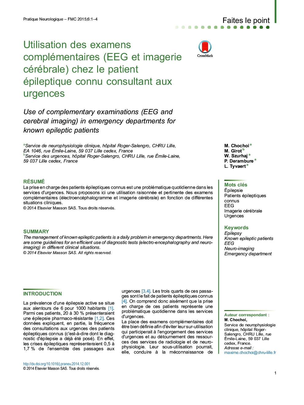 Utilisation des examens complémentaires (EEG et imagerie cérébrale) chez le patient épileptique connu consultant aux urgences