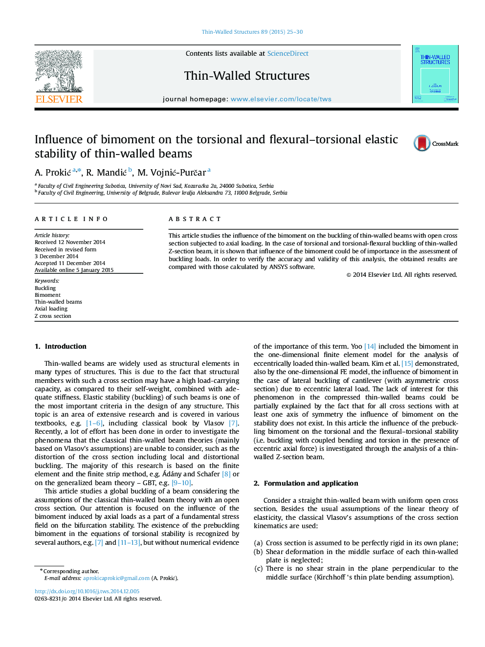 Influence of bimoment on the torsional and flexural–torsional elastic stability of thin-walled beams