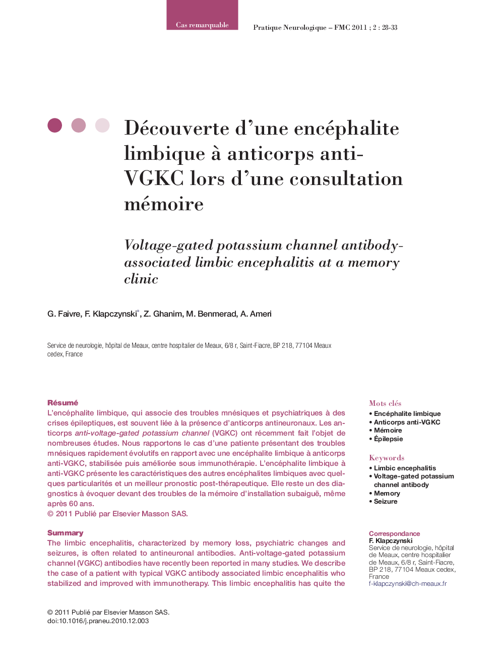 Découverte d'une encéphalite limbique Ã  anticorps anti-VGKC lors d'une consultation mémoire