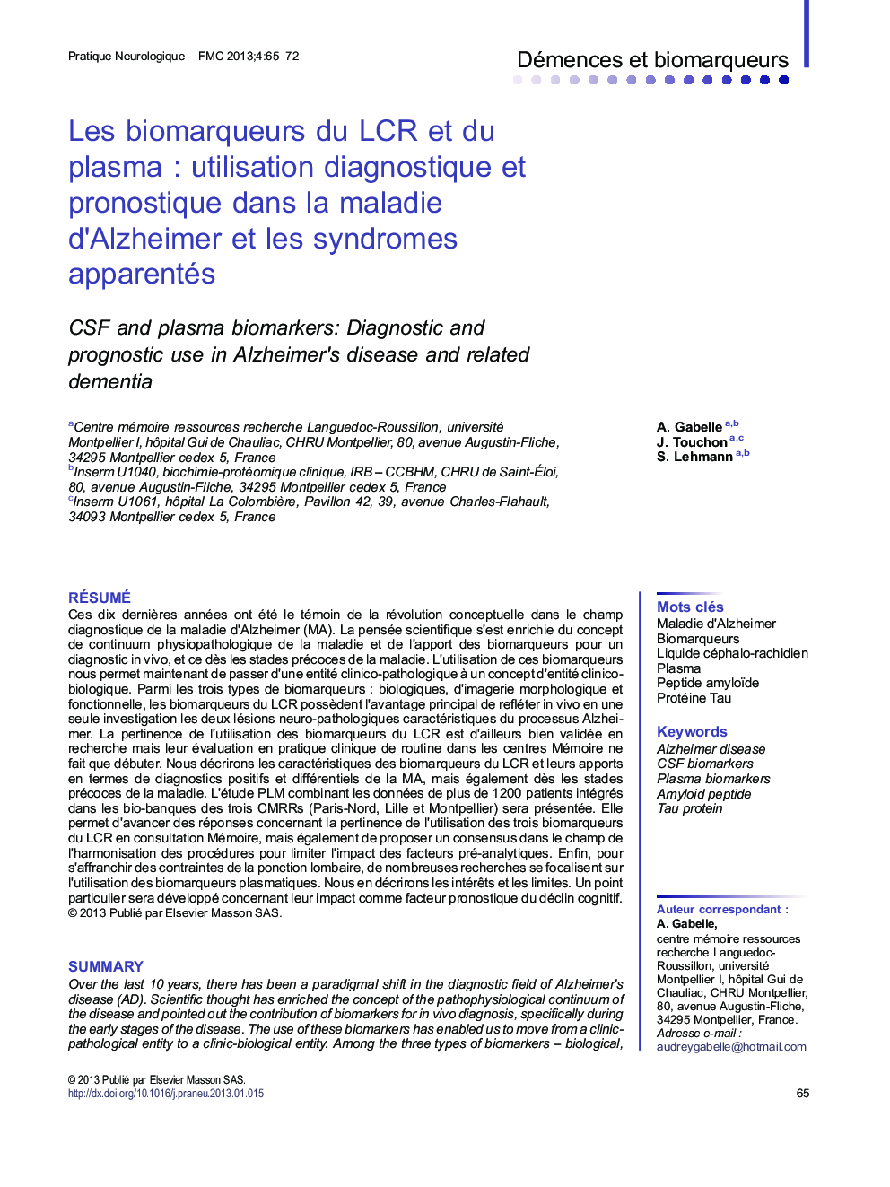 Les biomarqueurs du LCR et du plasmaÂ : utilisation diagnostique et pronostique dans la maladie d'Alzheimer et les syndromes apparentés