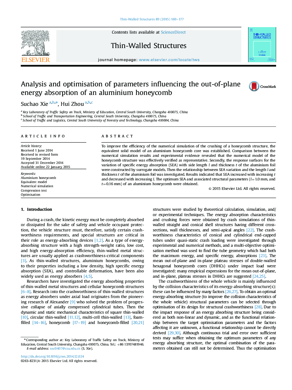 Analysis and optimisation of parameters influencing the out-of-plane energy absorption of an aluminium honeycomb