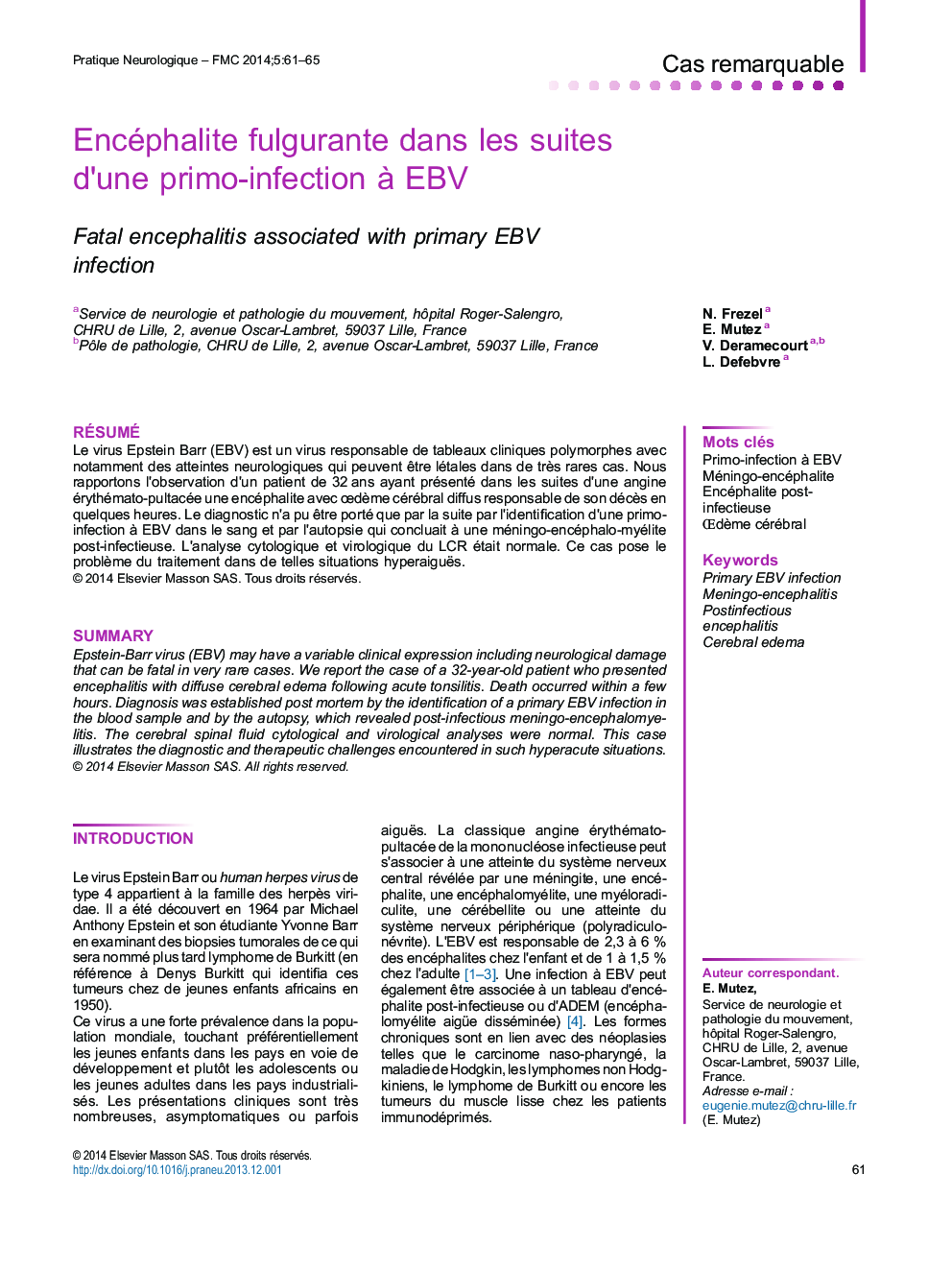 Encéphalite fulgurante dans les suites d'une primo-infection Ã  EBV