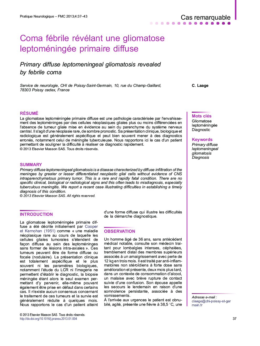 Coma fébrile révélant une gliomatose leptoméningée primaire diffuse