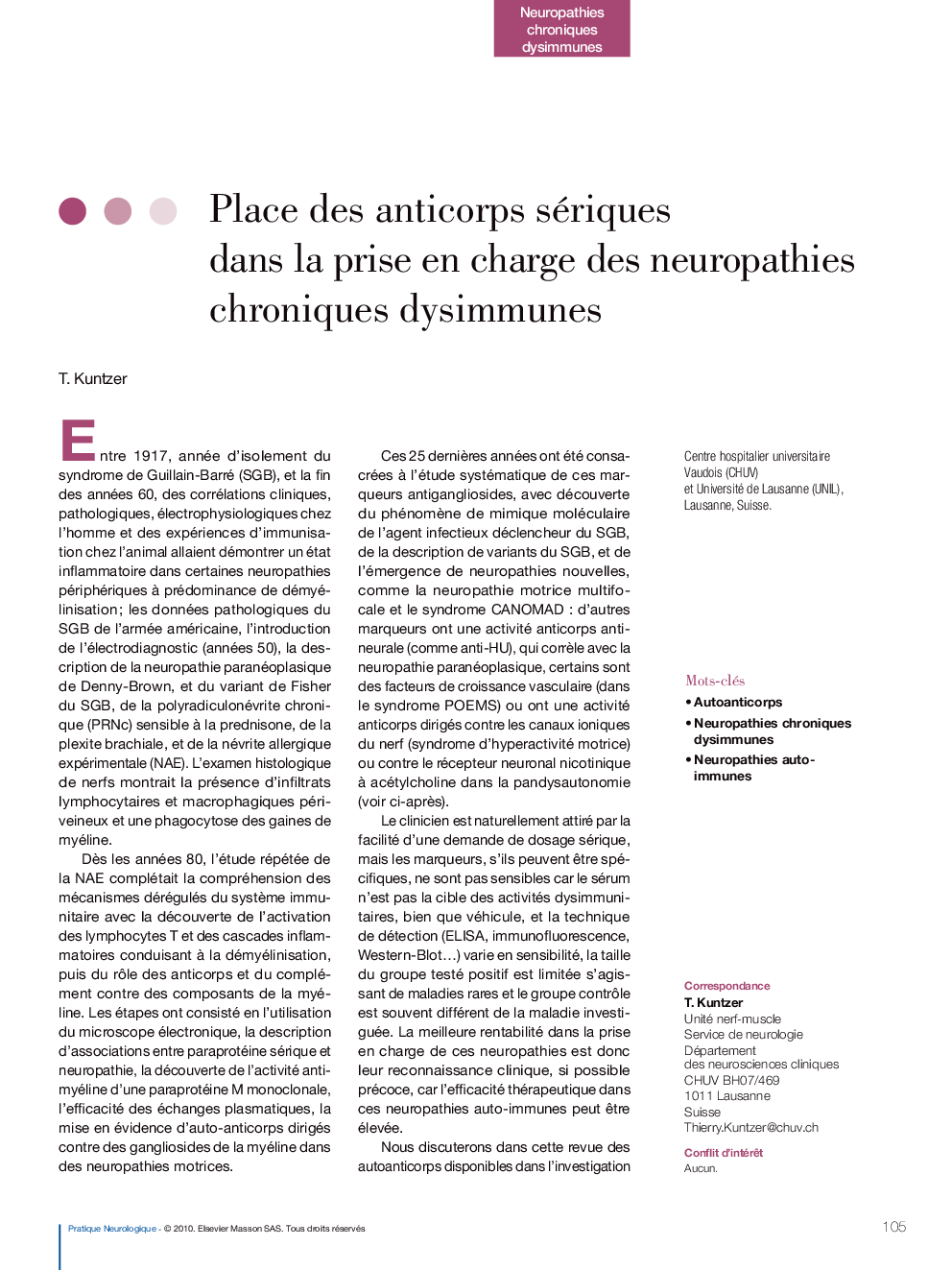 Place des anticorps sériques dans la prise en charge des neuropathies chroniques dysimmunes