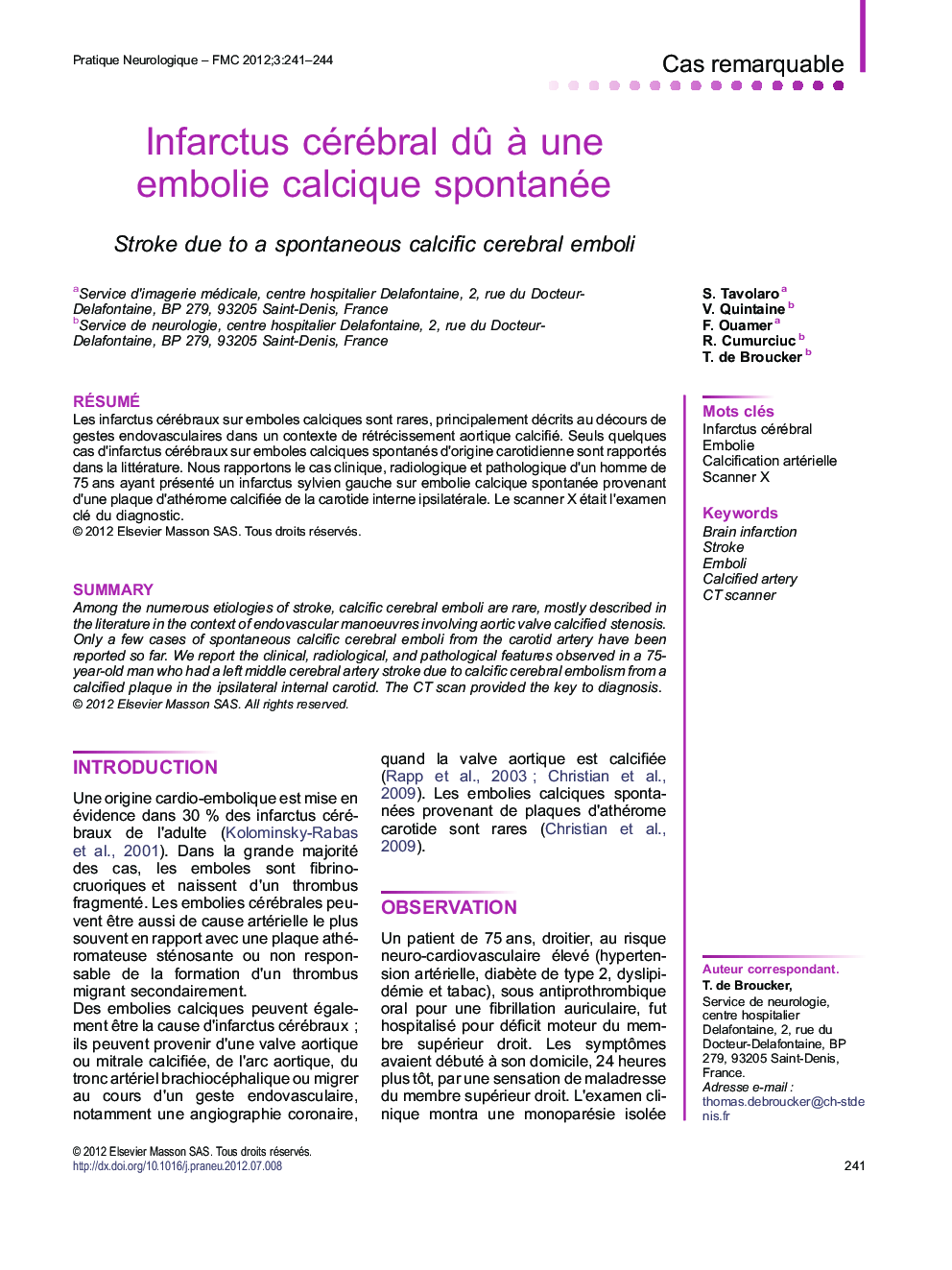 Infarctus cérébral dÃ» Ã  une embolie calcique spontanée