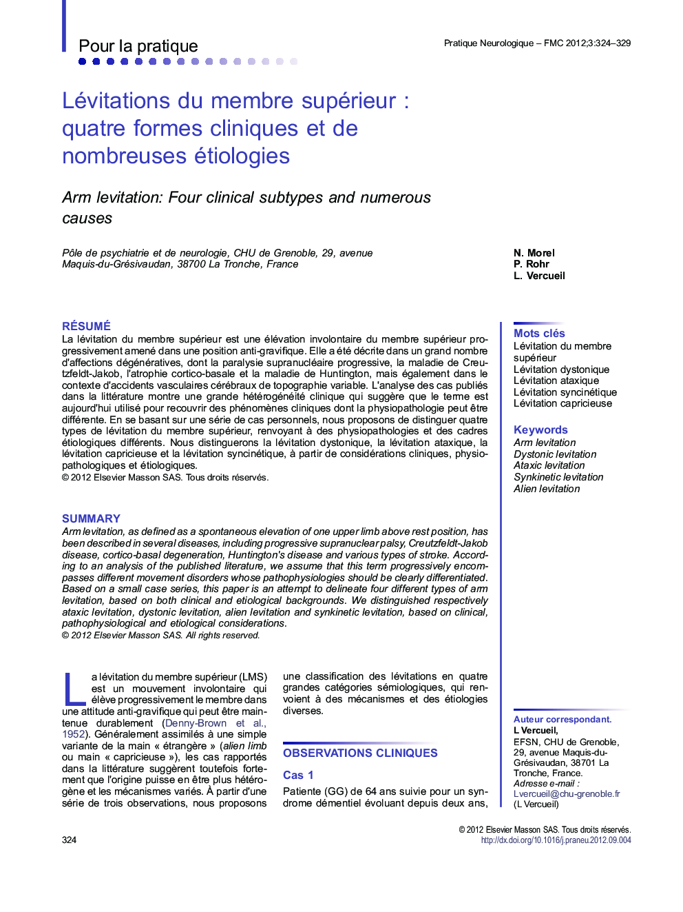 Lévitations du membre supérieurÂ : quatre formes cliniques et de nombreuses étiologies