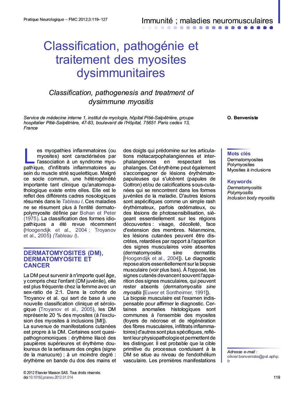 Classification, pathogénie et traitement des myosites dysimmunitaires