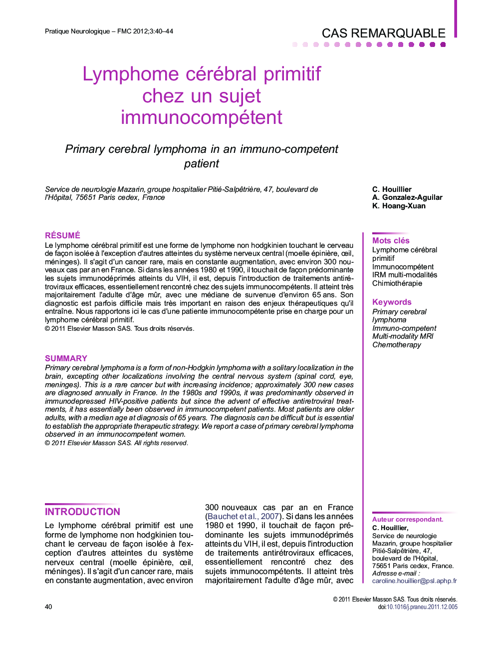 Lymphome cérébral primitif chez un sujet immunocompétent