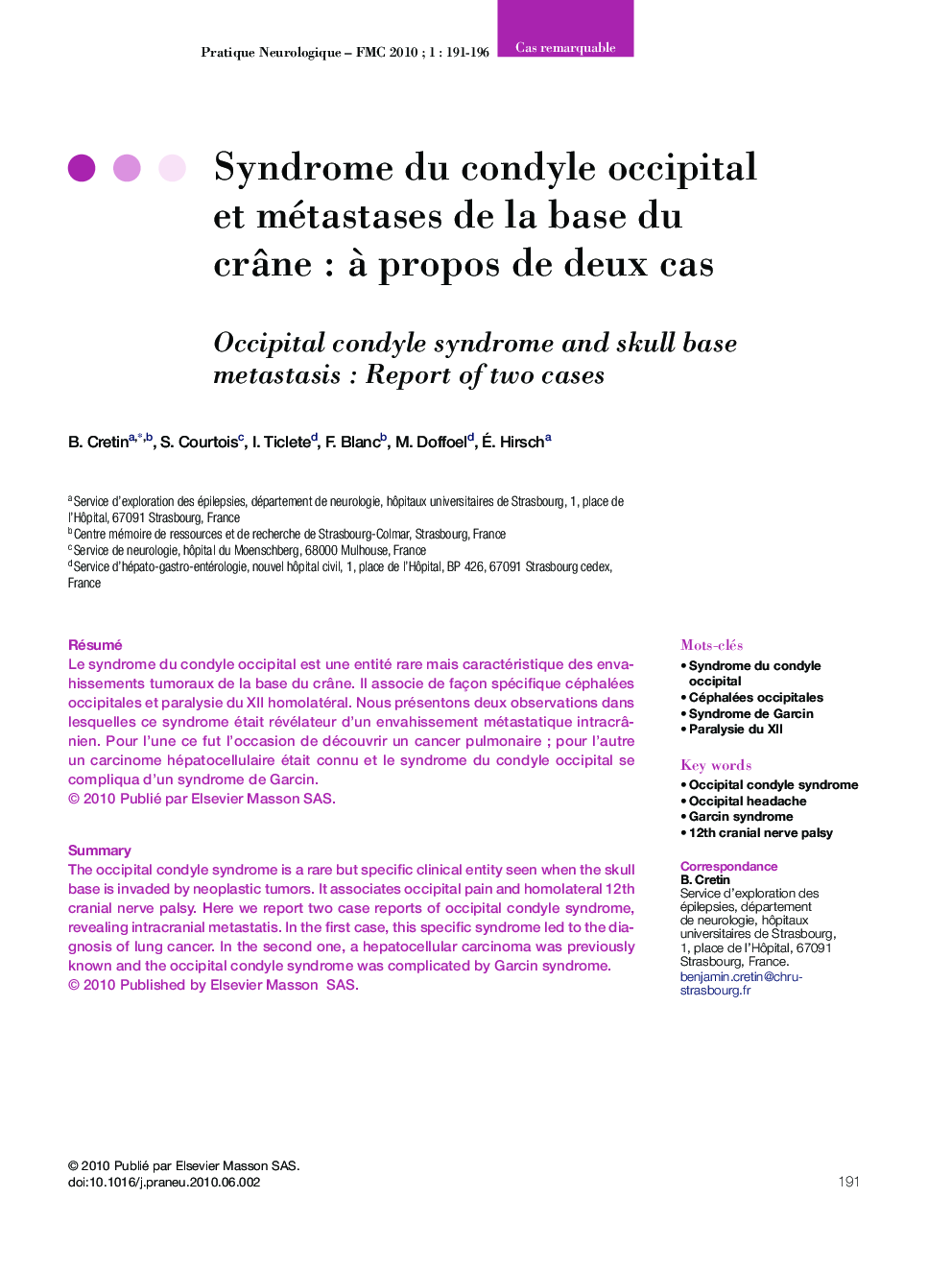 عکس صفحه اول مقاله: Syndrome du condyle occipital et métastases de la base du crâne : à propos de deux cas Syndrome du condyle occipital et métastases de la base du crâne : à propos de deux cas