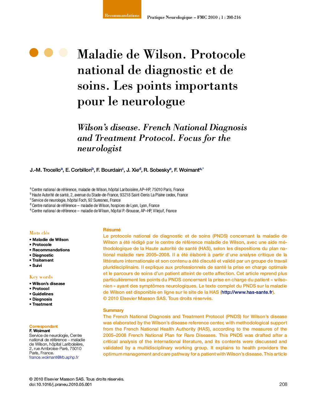 Maladie de Wilson. Protocole national de diagnostic et de soins. Les points importants pour le neurologue