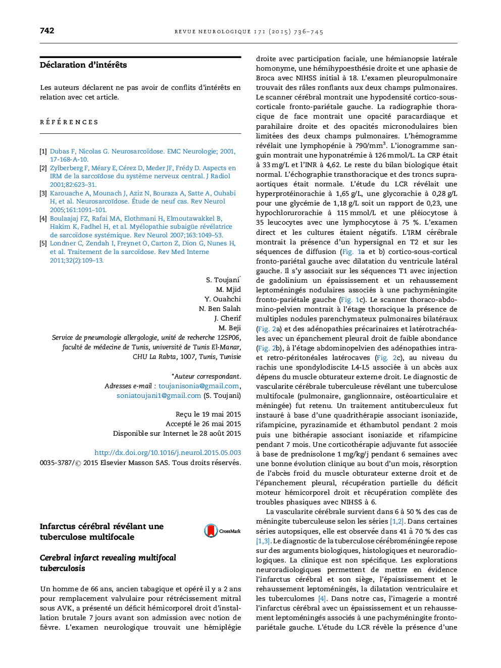 عکس صفحه اول مقاله: Infarctus cérébral révélant une tuberculose multifocale Infarctus cérébral révélant une tuberculose multifocale