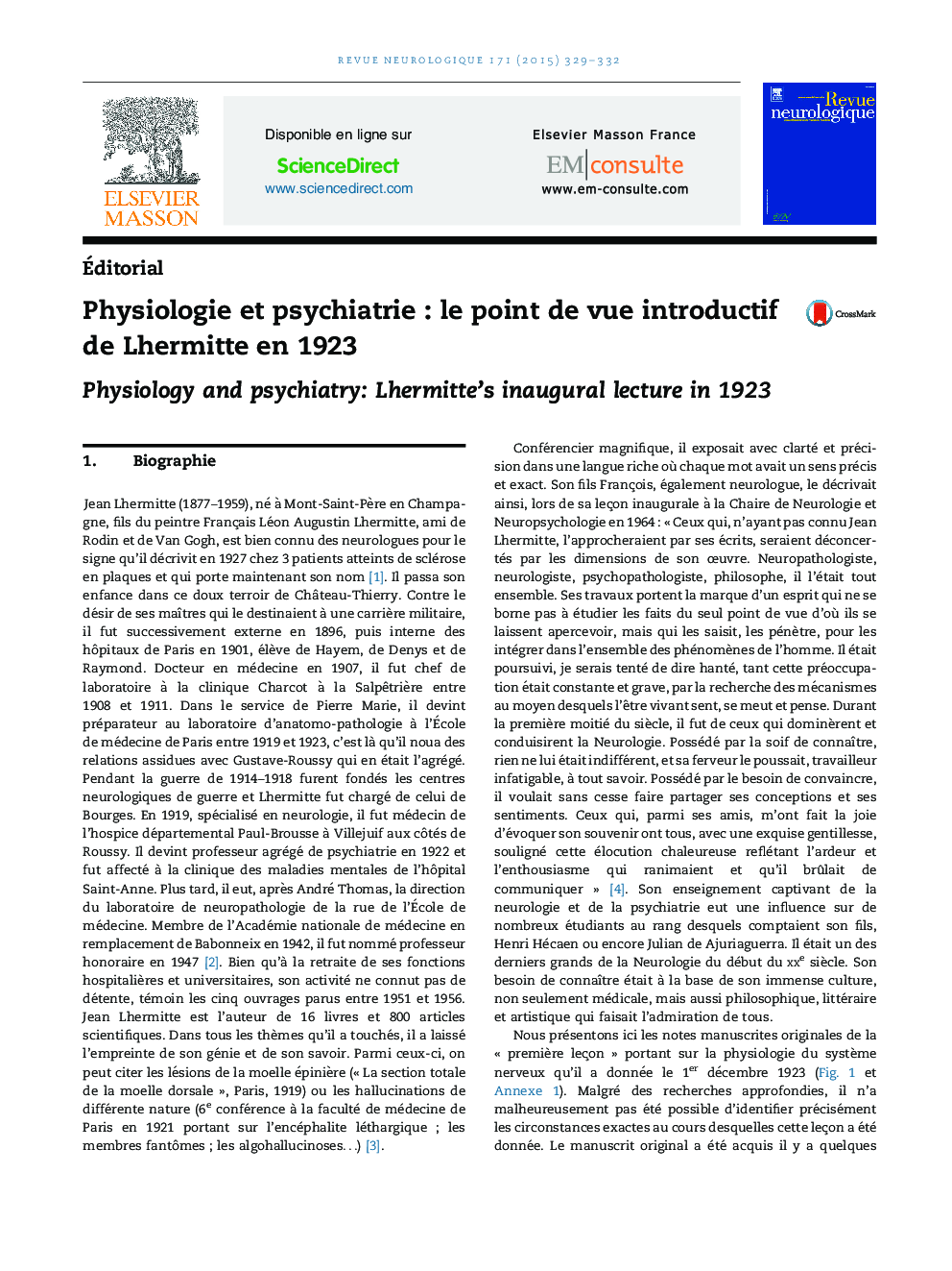 Physiologie et psychiatrieÂ : le point de vue introductif de Lhermitte en 1923