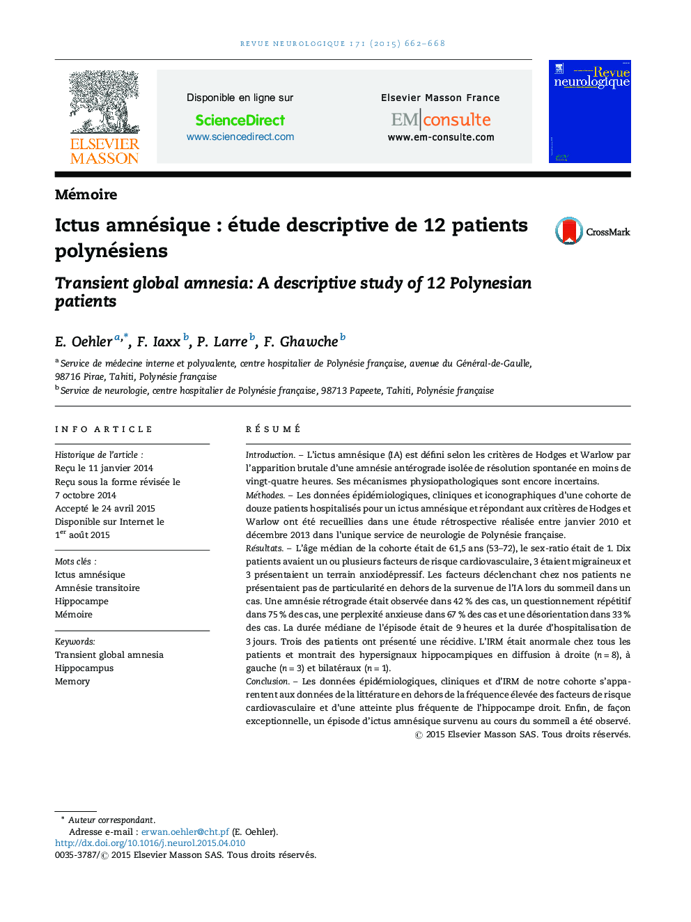 Ictus amnésiqueÂ : étude descriptive de 12Â patients polynésiens