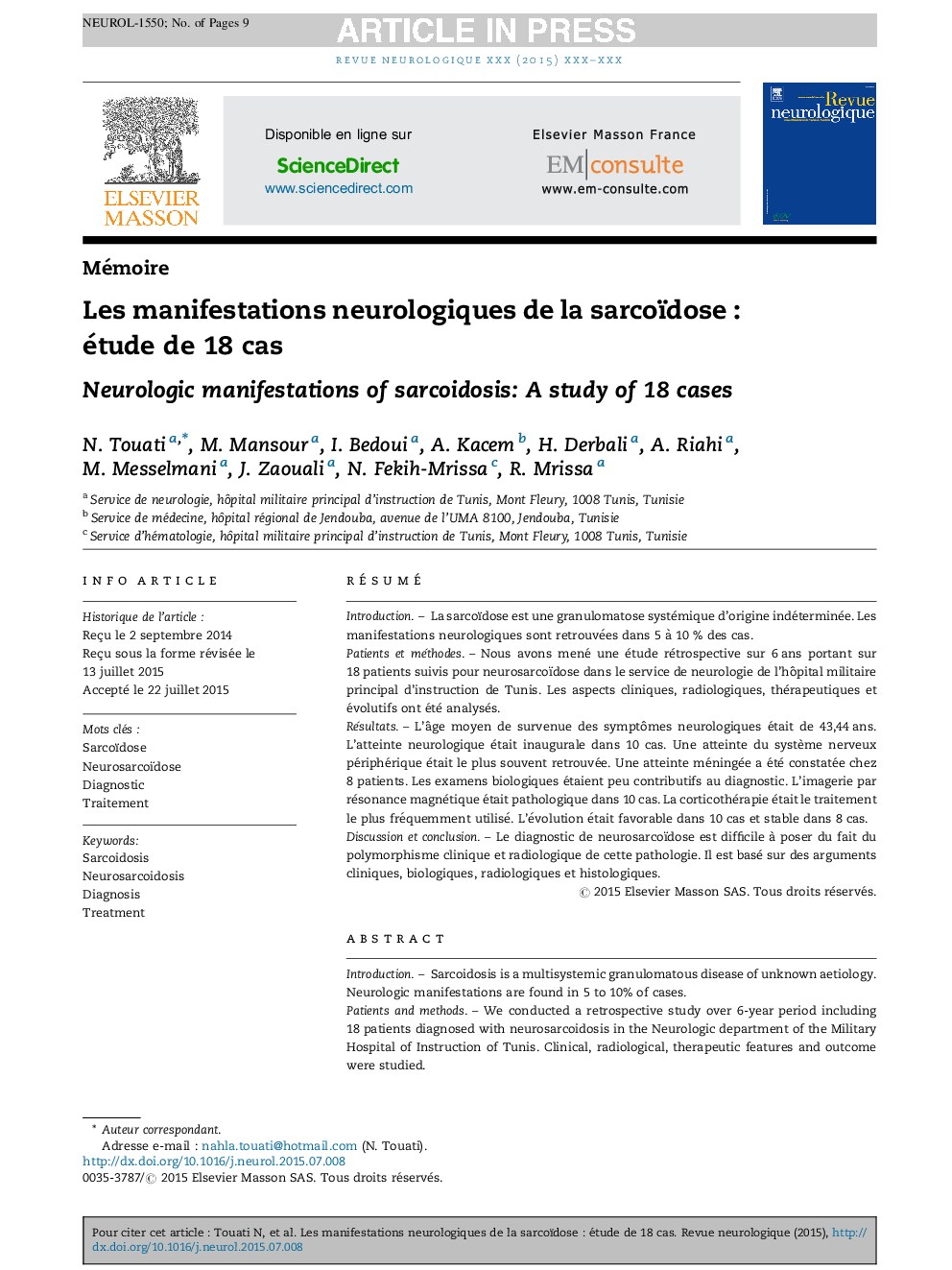 Les manifestations neurologiques de la sarcoïdoseÂ : étude de 18Â cas