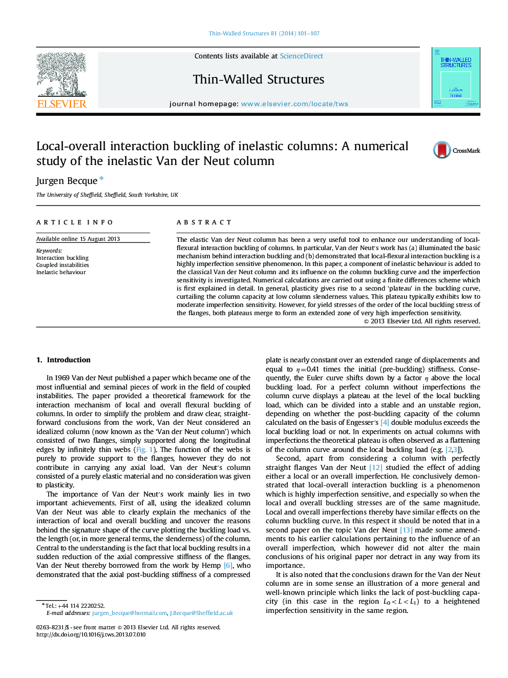 Local-overall interaction buckling of inelastic columns: A numerical study of the inelastic Van der Neut column