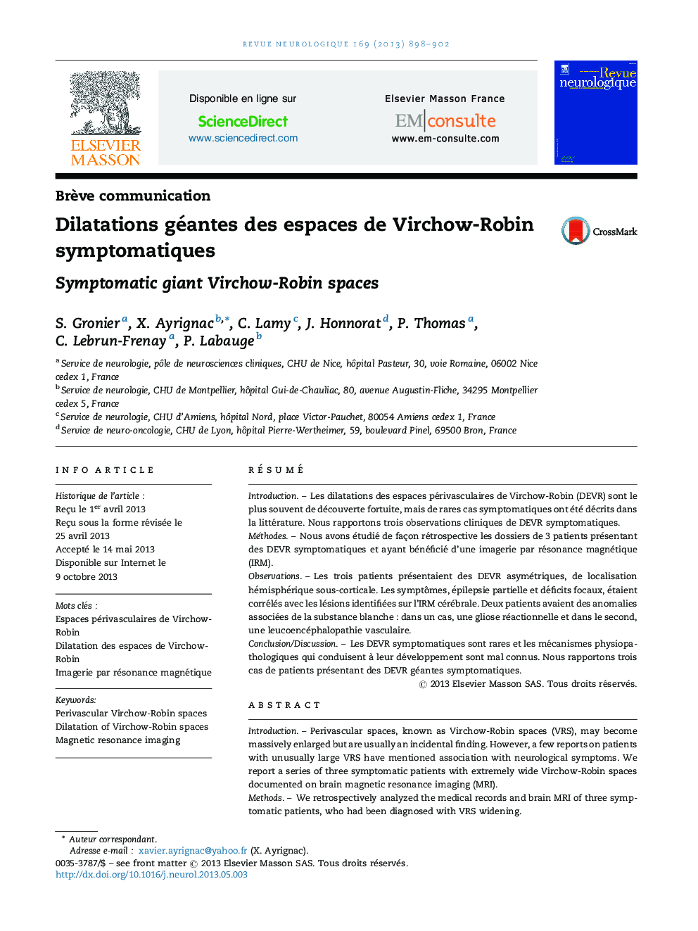 Dilatations géantes des espaces de Virchow-Robin symptomatiques