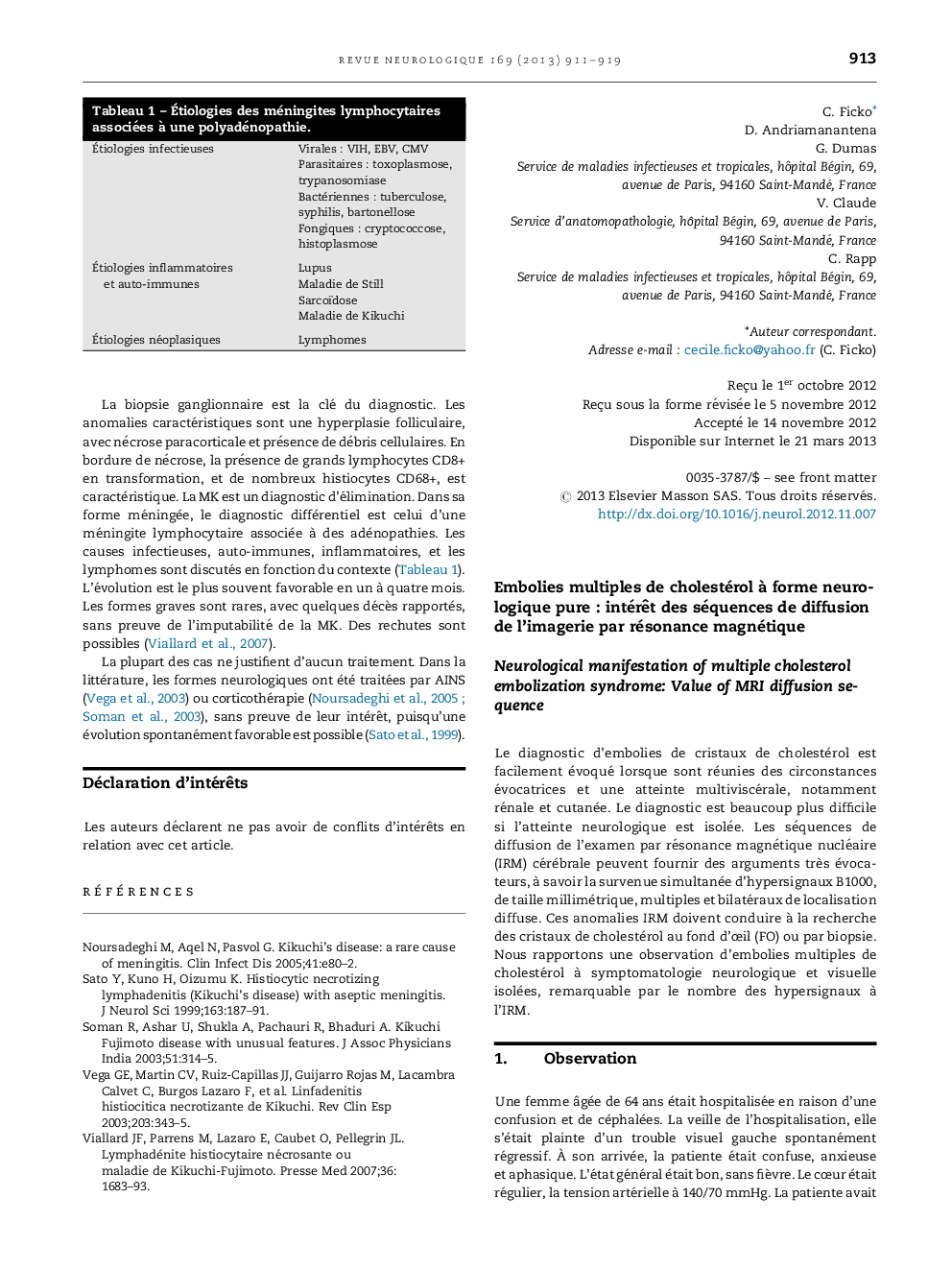 عکس صفحه اول مقاله: Embolies multiples de cholestérol à forme neurologique pure : intérêt des séquences de diffusion de l'imagerie par résonance magnétique Embolies multiples de cholestérol à forme neurologique pure : intérêt des séquences de diffusion de l'imagerie par résonance magnétique