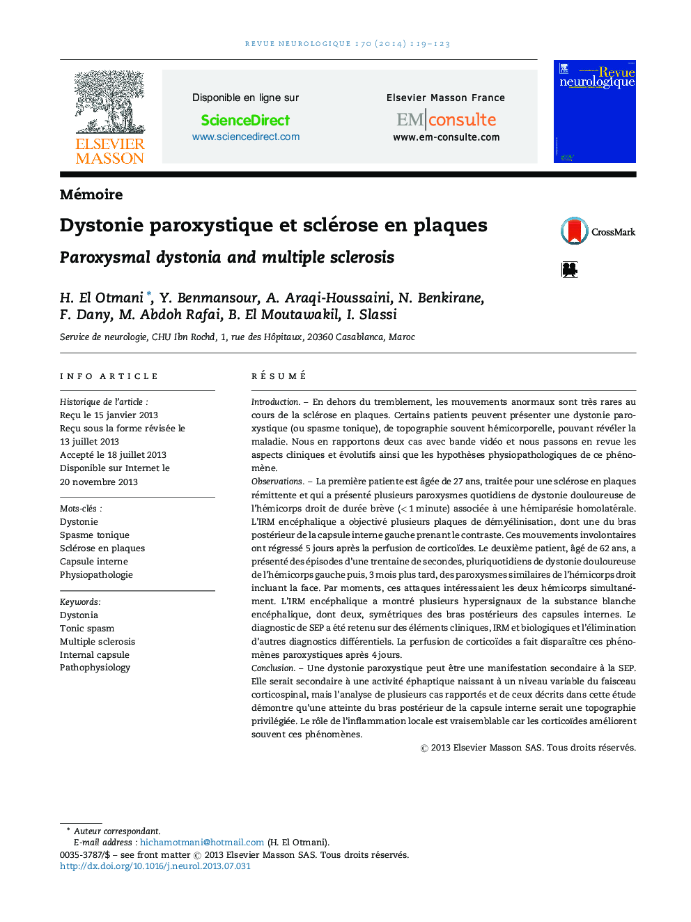 Dystonie paroxystique et sclérose en plaques