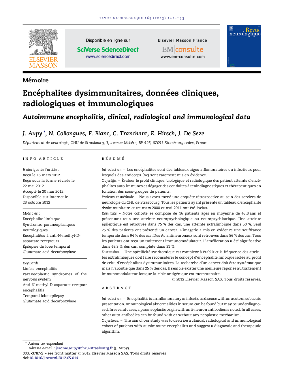 Encéphalites dysimmunitaires, données cliniques, radiologiques et immunologiques