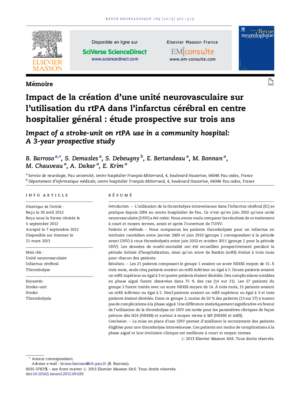 Impact de la création d'une unité neurovasculaire sur l'utilisation du rtPA dans l'infarctus cérébral en centre hospitalier généralÂ : étude prospective sur trois ans