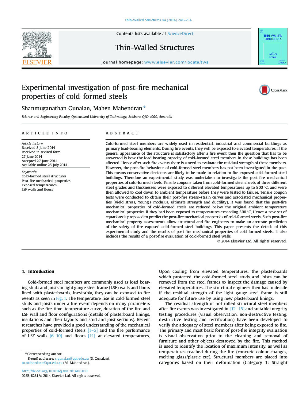 Experimental investigation of post-fire mechanical properties of cold-formed steels