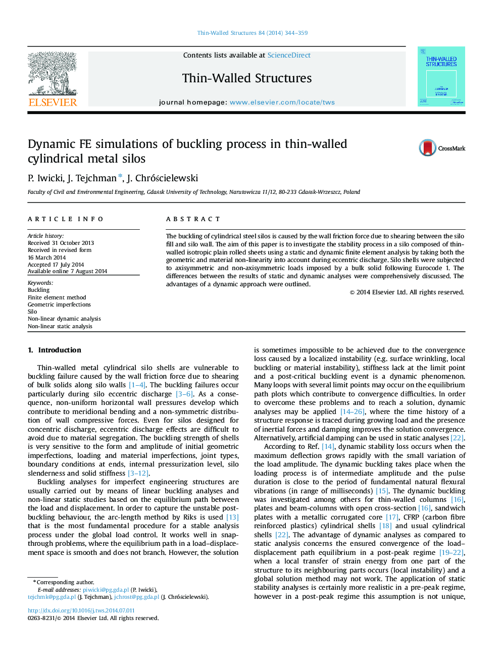 Dynamic FE simulations of buckling process in thin-walled cylindrical metal silos