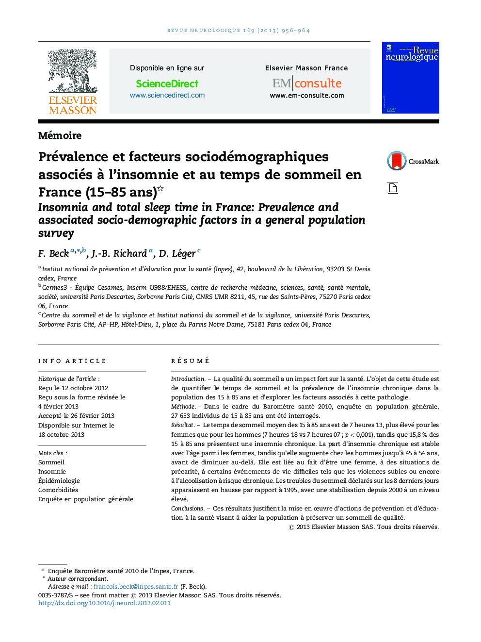 Prévalence et facteurs sociodémographiques associés Ã  l'insomnie et au temps de sommeil en France (15-85Â ans)