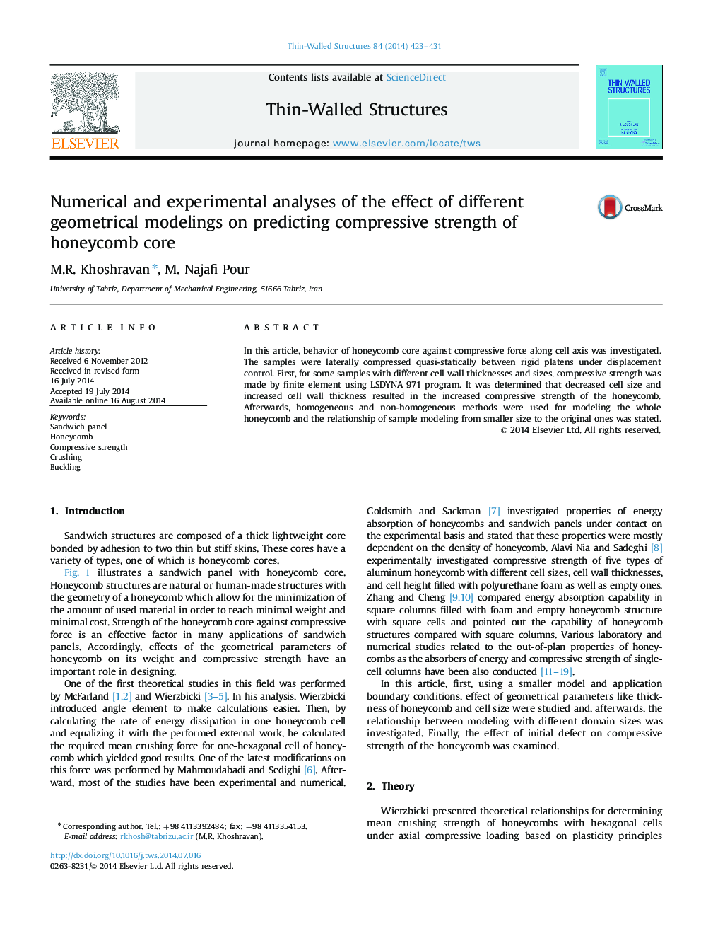 Numerical and experimental analyses of the effect of different geometrical modelings on predicting compressive strength of honeycomb core