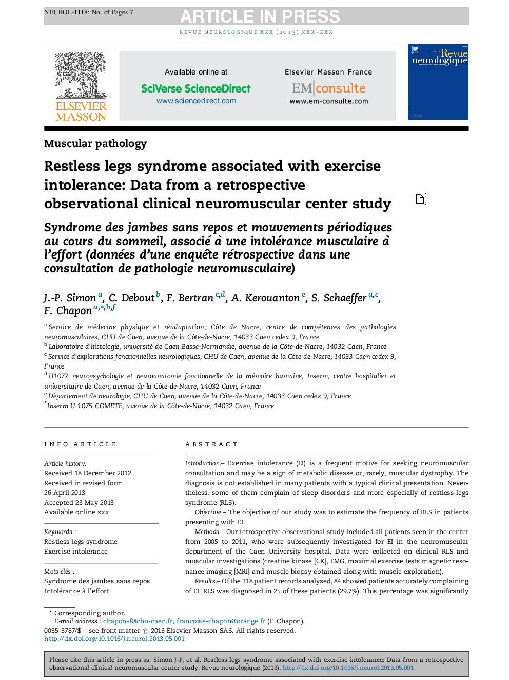 Restless legs syndrome associated with exercise intolerance: Data from a retrospective observational clinical neuromuscular center study