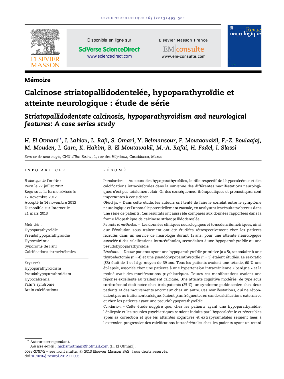 Calcinose striatopallidodentelée, hypoparathyroïdie et atteinte neurologiqueÂ : étude de série