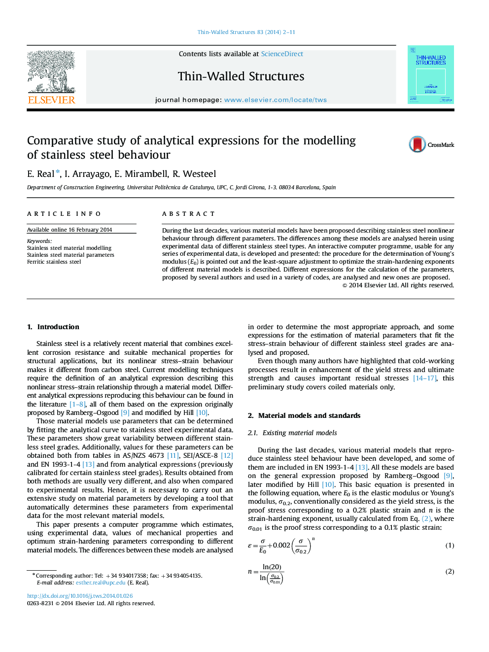 Comparative study of analytical expressions for the modelling of stainless steel behaviour