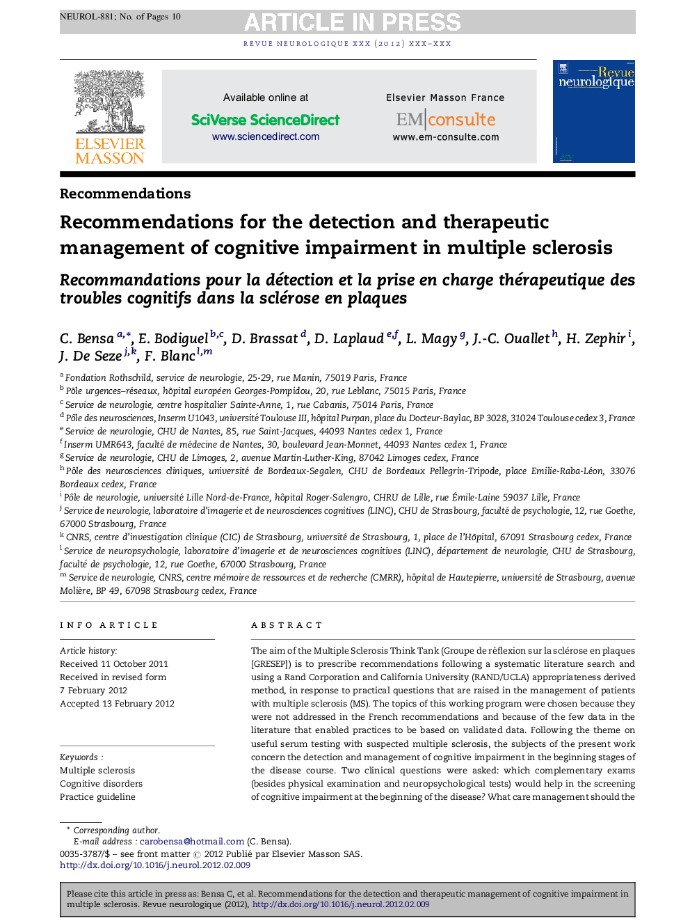 Recommendations for the detection and therapeutic management of cognitive impairment in multiple sclerosis