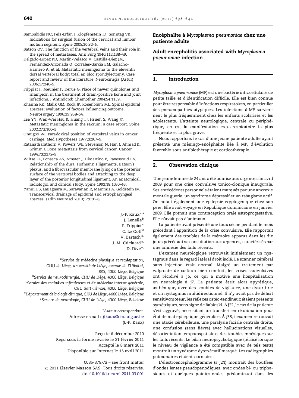 Encéphalite Ã  Mycoplasma pneumoniae chez une patiente adulte