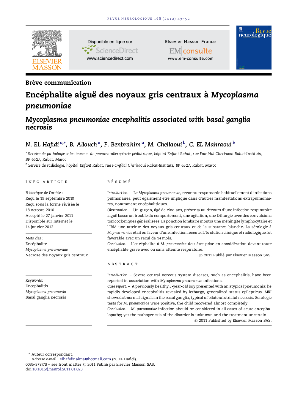 Encéphalite aiguë des noyaux gris centraux Ã  Mycoplasma pneumoniae