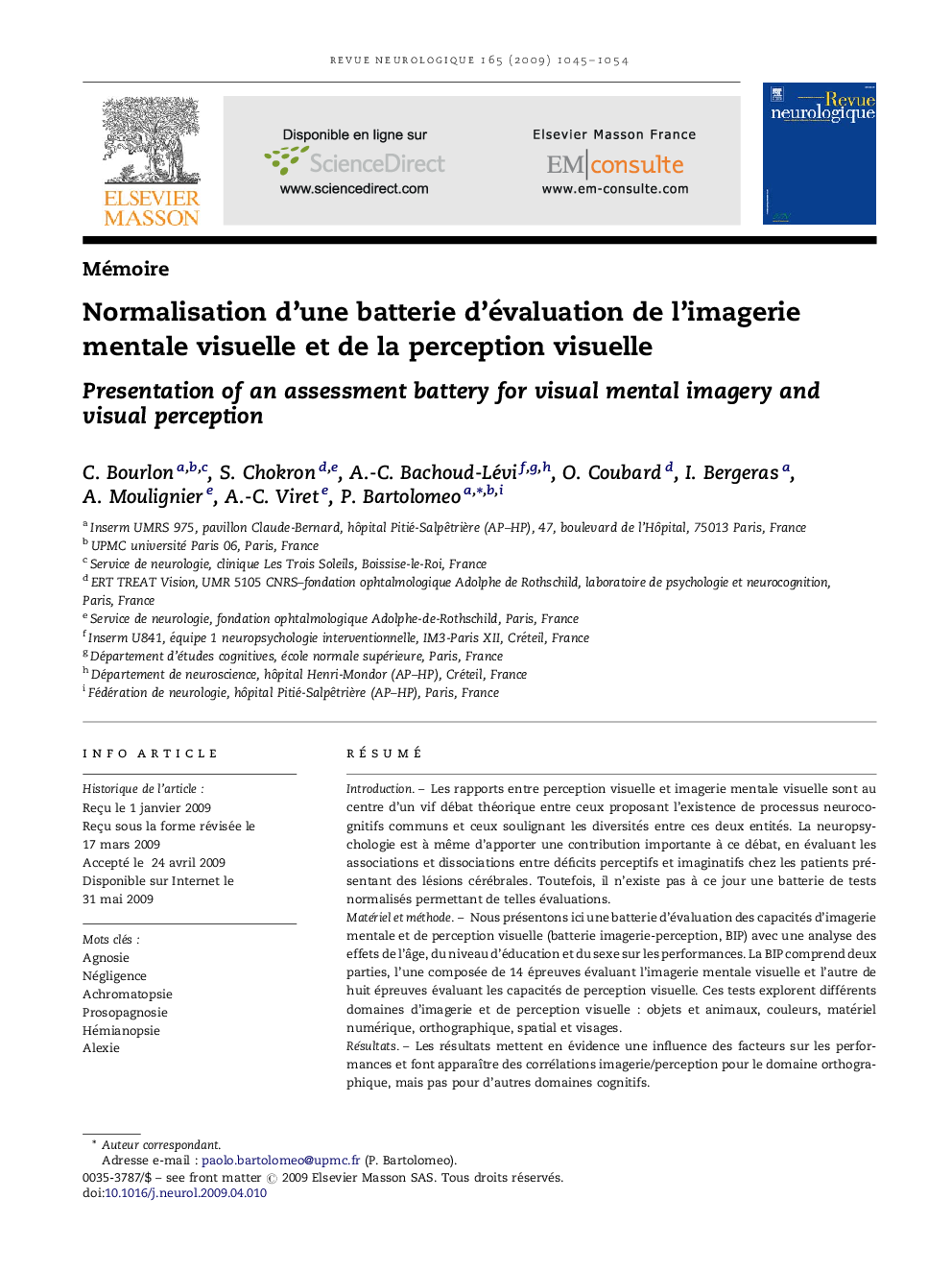 Normalisation d'une batterie d'évaluation de l'imagerie mentale visuelle et de la perception visuelle