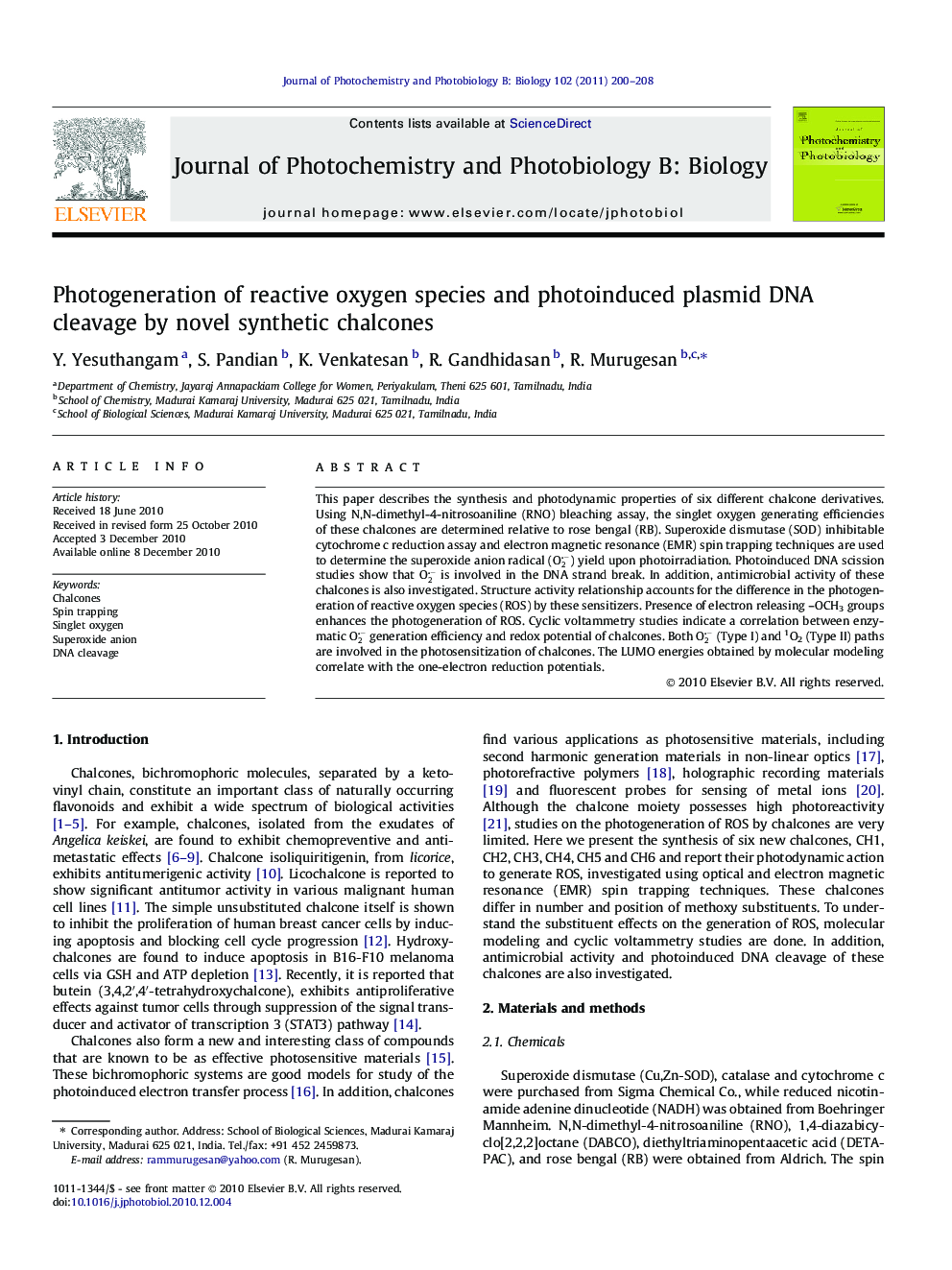 Photogeneration of reactive oxygen species and photoinduced plasmid DNA cleavage by novel synthetic chalcones