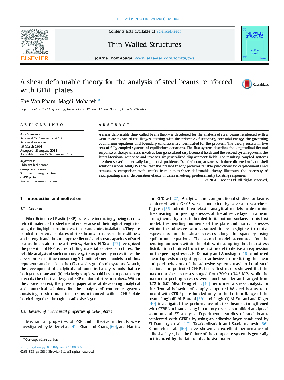 A shear deformable theory for the analysis of steel beams reinforced with GFRP plates