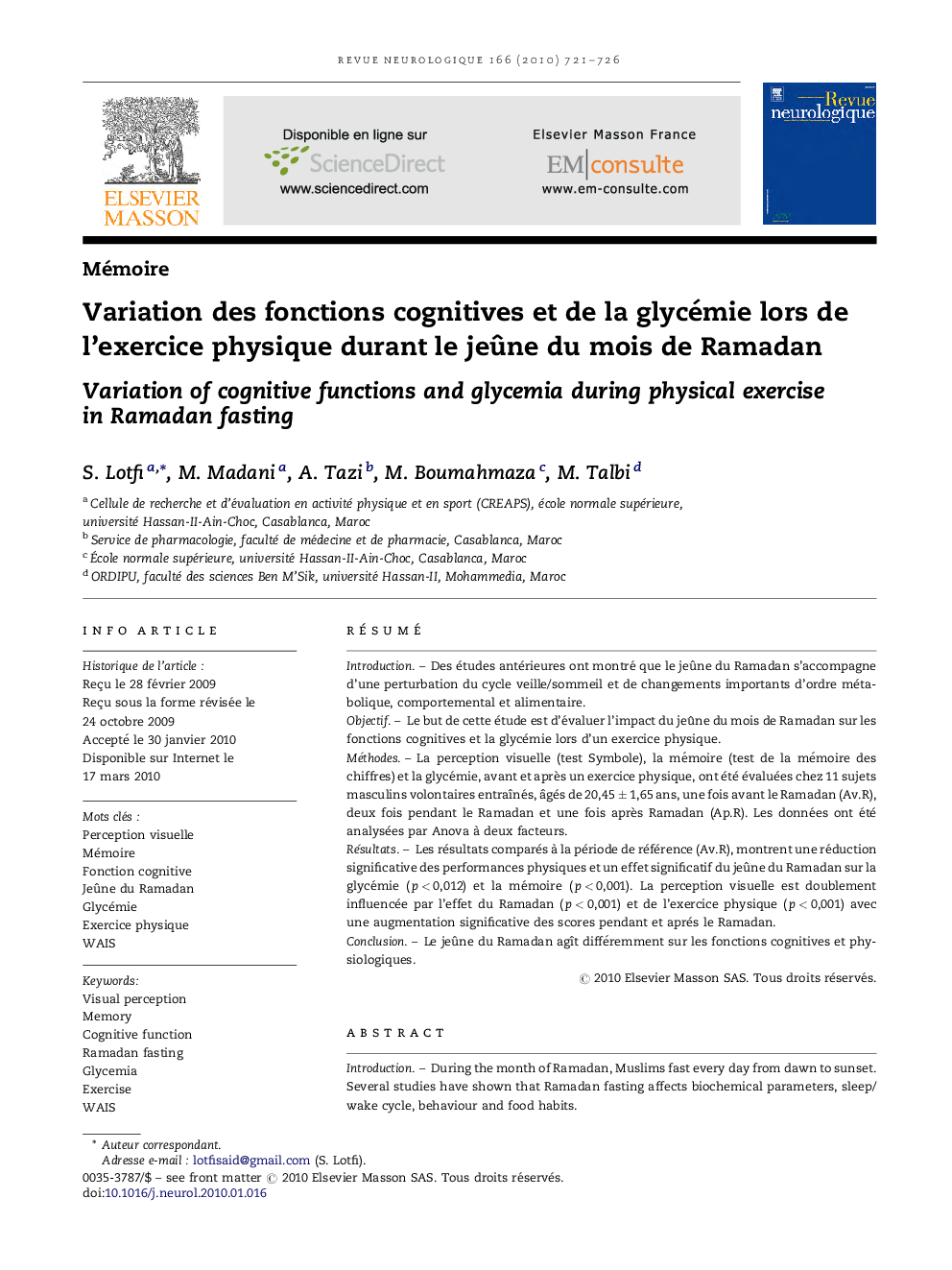 Variation des fonctions cognitives et de la glycémie lors de l'exercice physique durant le jeÃ»ne du mois de Ramadan