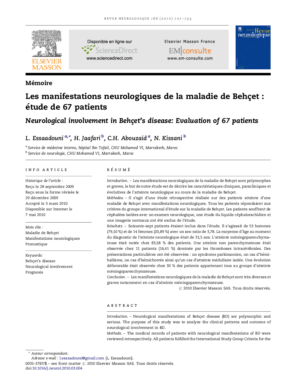 Les manifestations neurologiques de la maladie de BehçetÂ : étude de 67Â patients