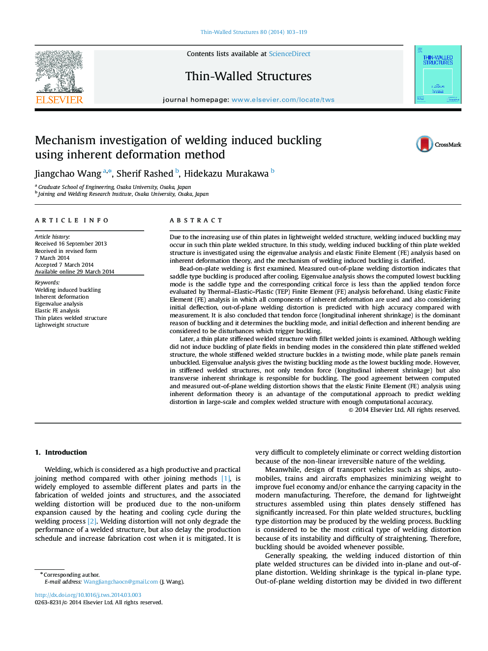 Mechanism investigation of welding induced buckling using inherent deformation method