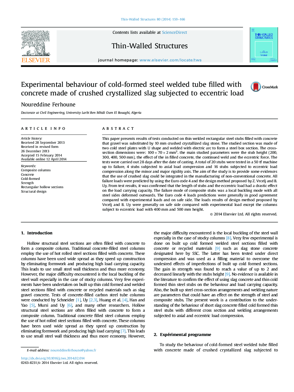 Experimental behaviour of cold-formed steel welded tube filled with concrete made of crushed crystallized slag subjected to eccentric load