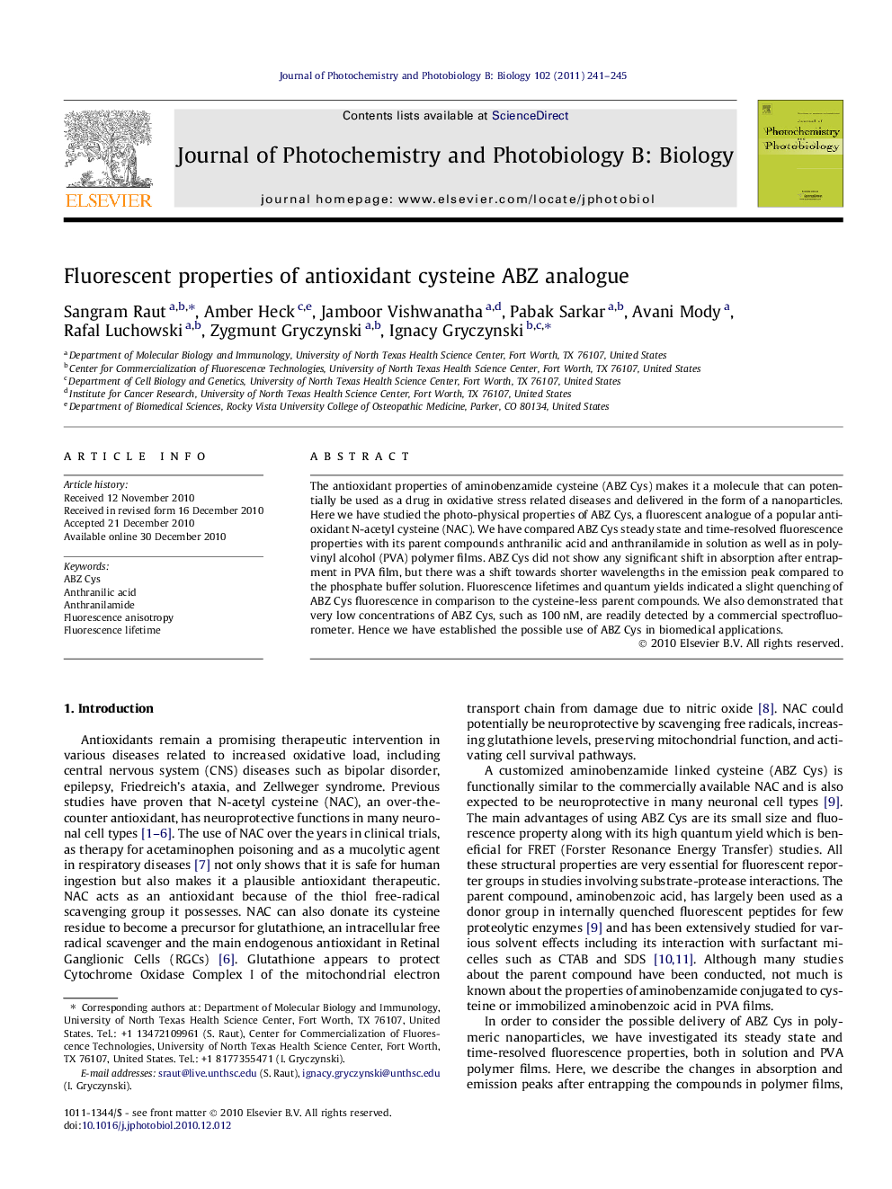 Fluorescent properties of antioxidant cysteine ABZ analogue