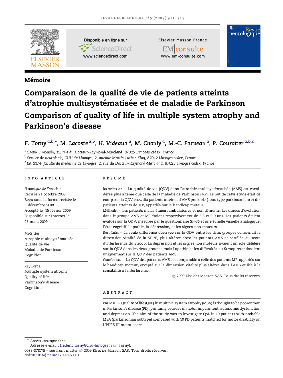 عکس صفحه اول مقاله: Comparaison de la qualité de vie de patients atteints d'atrophie multisystématisée et de maladie de Parkinson Comparaison de la qualité de vie de patients atteints d'atrophie multisystématisée et de maladie de Parkinson